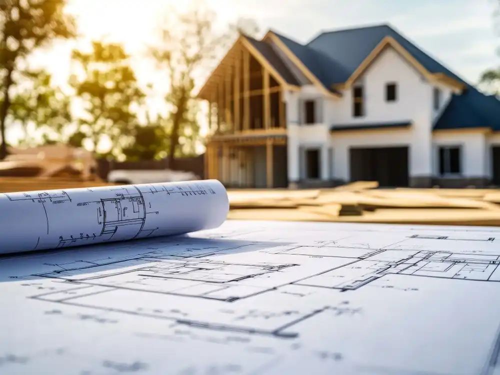 Reviewing blueprint in front of house under construction