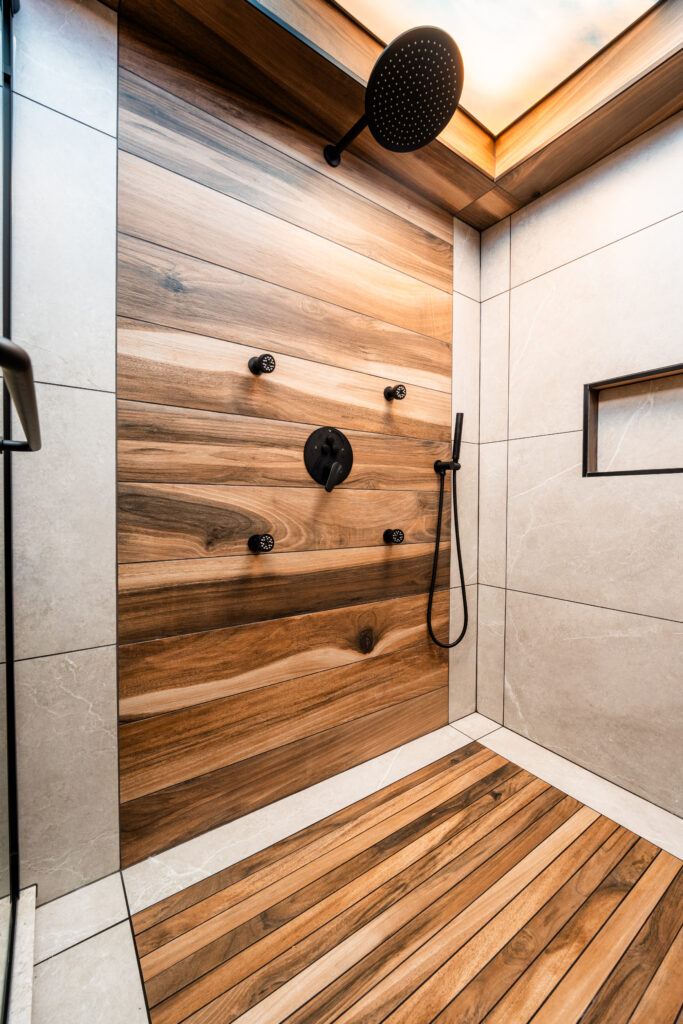 wood details in a shower